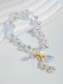 1pc Summer Woven Shiny Bracelet, Sea Blue Iridescent Heart Charm Elastic Bracelet, Teens & Girls Jewelry - Style 1 - View 5