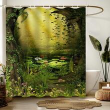 1pc Magic Forest Shower Curtain, Made Of Polyester, Waterproof, Non-Blackout, Suitable For Home And Bathroom Decor, Comes With 12 Hooks - A - View 2