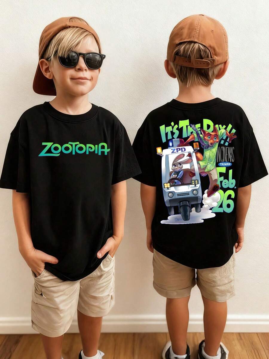 Disney-Zootopia Judinik Printed Children's T-Shirt In Black, Breathable And Comfortable Short Sleeved, For Daily Casual Basic Tops For Boys And Girls In Zootopia - Black - View 1
