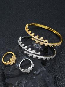 1 Set Of 2 Pcs Fashionable Elegant Sparkling Cubic Zirconia Encrusted Teardrop Hinged Bangle & Ring Set, Versatile For Daily Wear, Party, Wedding, Summer, Eid/Eid Al-Fitr Gift - -set Side-hanging Teardrop - View 1