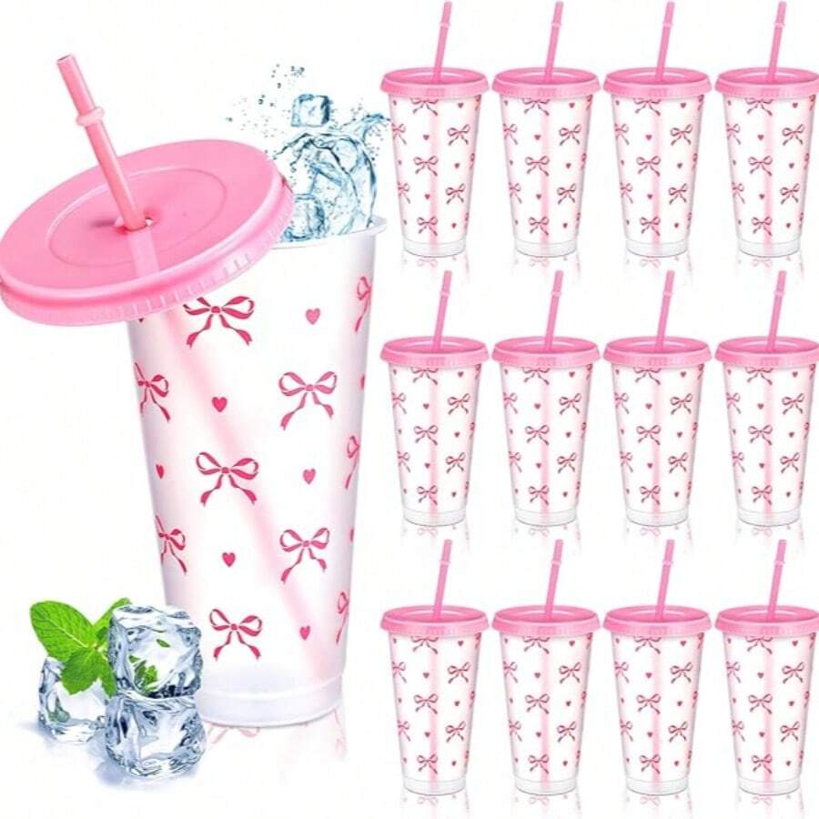 1pc/5pcs/10pcs 24oz Pink & Blue Bow Plastic Cups With Lids And Straws, Reusable, Cute Transparent Plastic Cups, Plastic Cups Suitable For Birthday, Wedding And Party Supplies, Reusable Plastic Cups With Pink Ribbons, Summer Beverage Cups, Suitable For Birthday, Wedding And Party Supplies, Perfect For Parties, Drinking, Coffee, Also Suitable For Mother's Day, Wedding, Birthday, Bachelorette Party Or As A Gift