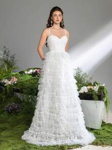 Faeriesty Elegant Romantic Ruched Bustier Sleeveless Sweetheart Neckline A-Line Mesh Overlay Slip Wedding Prom Party Dress&Maxi Dress - White - View 3