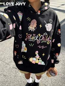 Sudadera con capucha y cordón de mujer LOVE JOYY en color negro, casual y de moda, estilo retro de ropa de calle, con diseño de dibujos animados lindo, adecuada para el uso diario o fiestas - Negro - Ver 6
