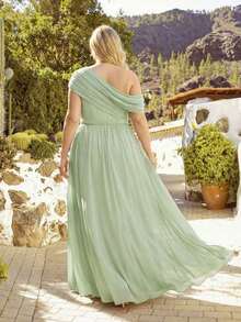 EVERPRETTY Vestido de dama de honor asimétrico de gasa verde oliva elegante talla grande, adecuado para invitados de boda de primavera/verano, fiesta de noche - verde menta - Ver 7