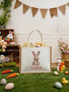 Customized Faux Embroidery Easter Tote Bag, Personalized Easter Basket Tote Bag, Floral Bunny Easter Gift, Letter Print Tote Bag, Linen Bag - Style 19 - View 2