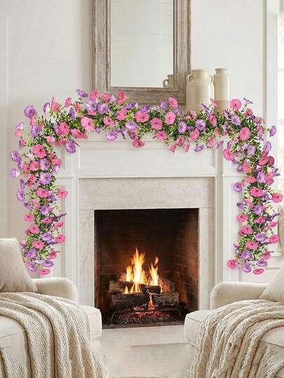 1条牵牛花仿真花环，抗紫外线，逼真，可DIY，仿真牵牛花藤蔓，丝绸花藤，适用于春夏装饰，可用作花园墙面背景、婚礼拱门、派对装饰、室内外花卉摆设、悬挂植物装饰