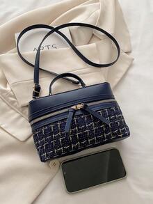 女士羊毛复古手提包/盒子包，新款时尚格子通勤单肩斜挎包 - 藍色 - 查看 2