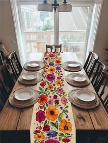 1pc Spring Floral Table Runner - Multicolor Beige And Poppy Daisy Violet Clover - Durable Polyester Fabric Easy Clean Tablecloth Suitable For Kitchen, Dining Room, Office, Coffee Table - Red - View 4