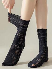 1/3 Pairs Women's Lace Trim Thin Summer Socks, White Breathable Mesh Hollow Out Crew Socks - Multicolor - View 15