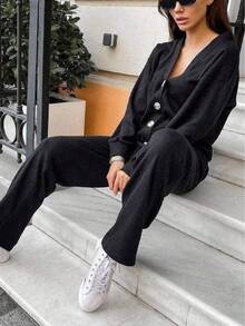 2pcs Women Sports & Casual Knit Cardigan Jacket (Button Style) And Drawstring Pants Set - Black - View 6
