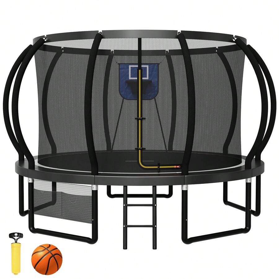 Devoko Garden Trampoline For Children, Ø 228/305/366/427 Cm, GS-Certified, Outdoor Trampoline With Safety Net, Ladder And Gloves, Pumpkin Design, Max. Load Capacity 50–150 Kg - 黑色(附籃球配件) - 查看 1
