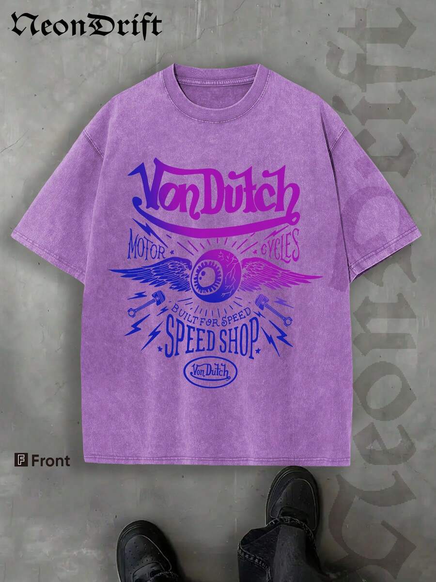 NeonDrift (230 Cotton T-Shirt) Halloween, Christmas, Thanksgiving Gifts   Fashion Head Y2k Style Pattern Men's Casual Soft 100% Cotton All-Match Crew-Neck Short-Sleeved T-Shirt Beige Apricot Color Vintage Shirts Men Style, Handmade Washed T-Shirt, Retro Men's Summer Round Neck Short Sleeved Casual Pure Cotton Print - Purple - View 1