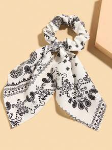 2 piezas Pañuelo de poliéster bohemio retro casual con estampado de cachemira en blanco y negro y flecos largos, adecuado para todas las estaciones - Blanco y Negro - Ver 3