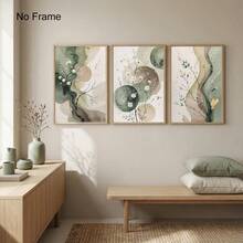 日本风水彩植物印花三件套，鼠尾草绿抽象花卉艺术画，鼠尾草绿米色墙饰，抽象植物印花海报，抽象花卉日本风印花，简约鼠尾草绿墙面装饰，无框 - 花 - 查看 2
