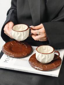 1 Set Asymmetrical Textured Ceramic Coffee Cup & Saucer, Latte Art Cup, Elegant Home/Office Latte, Tea Cup, Valentine's Day, Mother's Day, Thanksgiving Gift, Fashionable Gift For Coffee Lovers - Multicolor - View 2