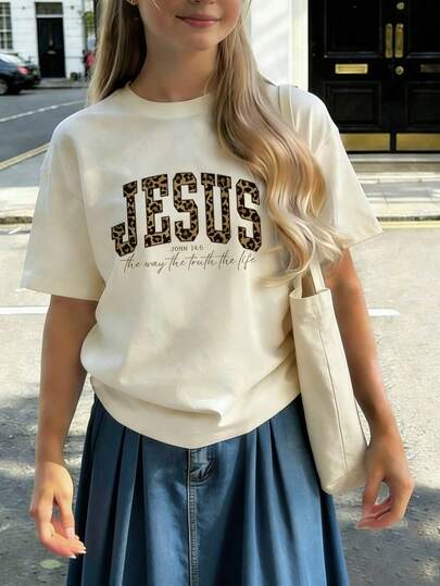 1pc Tween Girls' Cartoon Jesus & Leopard Print Short Sleeve T-Shirt, Student Young Casual Wear, Summer Top For Girls Preparing To Play