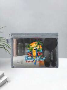 热带鹦鹉椰树印花网眼化妆包；旅行洗漱收纳包/学生文具笔袋/便携式口红粉饼盒/耳机线收纳包/零钱包/防水沙滩包；大容量透明拉链手拿包 - 彩色 - 查看 5