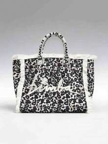 New European And American Large Capacity Casual Travel Leopard Print Handmade Tassel Stylish Retro Fashion Versatile Niche Design Embroidered Letter Casual Canvas Fashionable Commuter Tote Shoulder Bag - Black and White - View 7