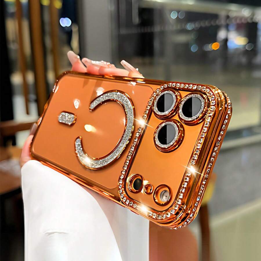 1 pieza Funda de teléfono con diamantes y lentejuelas, naranja Hadaasi, con diseño de cristal transparente y chapado en oro, compatible con Apple 17 Pro Max, 17 Pro, 17 Air, 17, compatible con carga inalámbrica, protección resistente a golpes, diseño con cristales, adecuado para Apple 16, 15, 14, 13, A12, 11 Pro Max Plus, elegante para usuarios de Apple