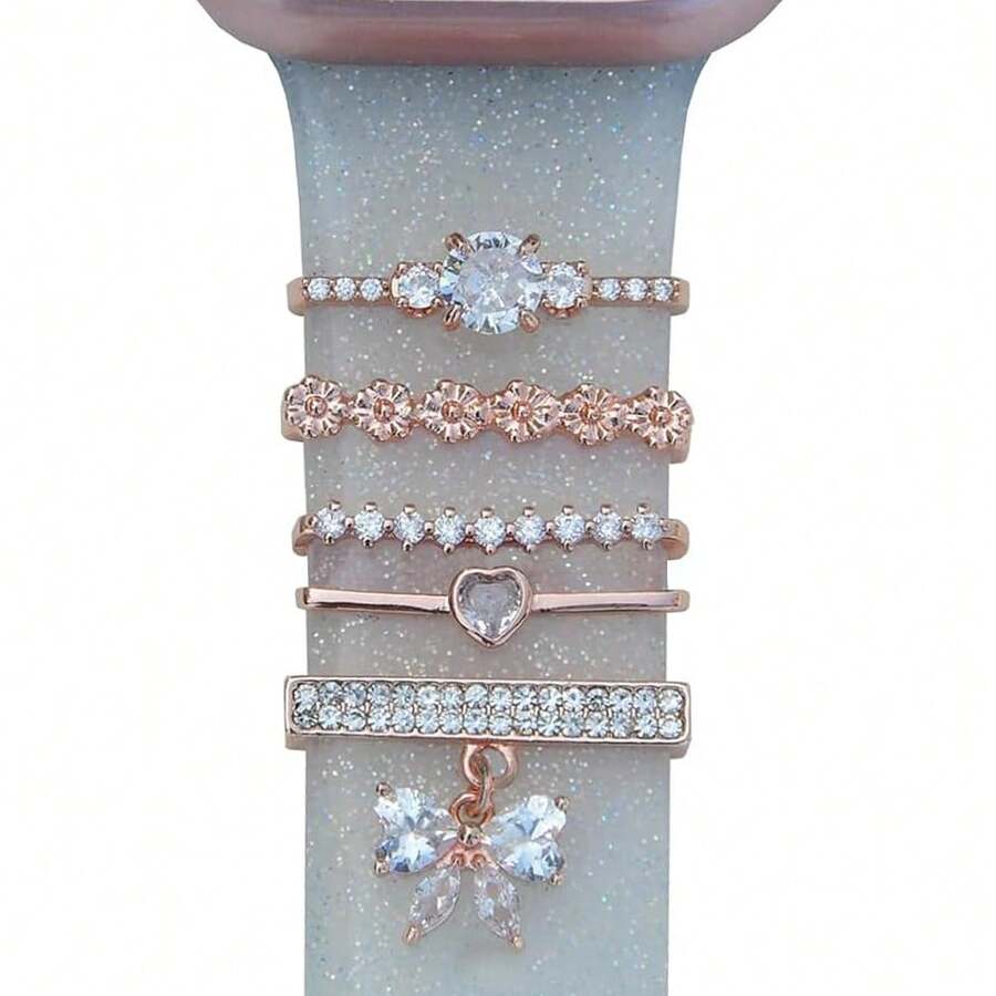 5pcs Watch Band Decorative Rings, Elegant Crystal Heart & Bow Decor Charms, Multiple Colors Available, Suitable For Apple Watch Bands, Suitable For Daily Wear - Rose Gold - View 1