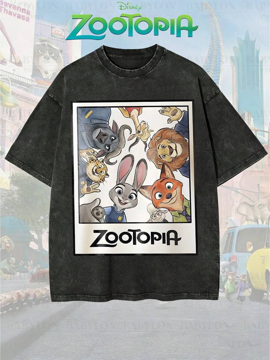 Disney Official Licensed Zootopia All Character Group Photo Print Vintage Wash 230g Cotton Crew Neck Unisex Tee - Black - View 1