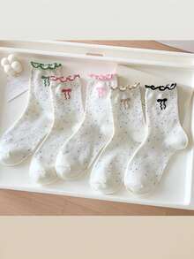 5/10 Pairs Women's Thin Crew Socks, Spring/Summer, Bow Cuff, Cute Lace Ruffle, Moisture-Wicking, Odor-Resistant, Student Socks - Multicolor - View 3