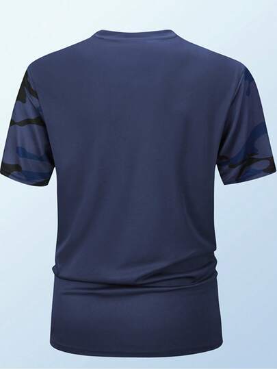 男士不规则印花圆领上衣，纯色简约舒适透气休闲T恤