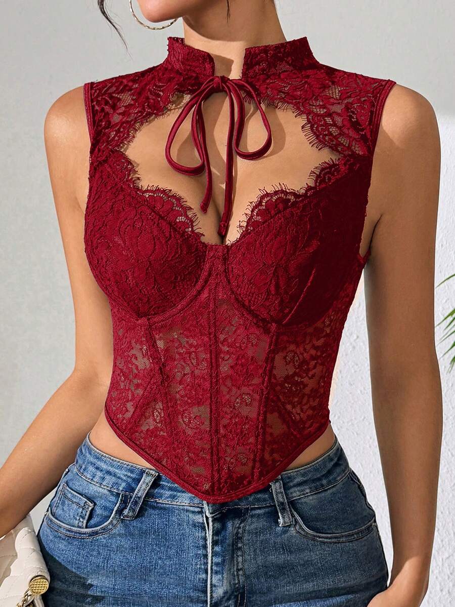 1pc Fashionable Y2K Lace Mesh Fishbone Bustier Crop Top, Sexy Fitted Corset Top For Party, Holiday Gift, Christmas, Valentine's Day, Halloween