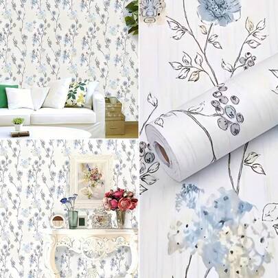1 Roll Plant Small Blue Flower Wallpaper, PVC Self-Adhesive Removable Contact Paper, Corridor Background Wall Home Decor, Waterproof Backsplash, Furniture Renovation Sticker, DIY Removable Wallpaper, 17.7inX39.3/118.1/196.8in