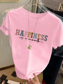 Women's New Simple Cute Pattern Casual Vacation Style Loose Versatile Round Neck Short Sleeve T-Shirt, Fashionable Everyday Top, Suitable For Daily Vacation Wear. Pink Summer - Pink - View 3