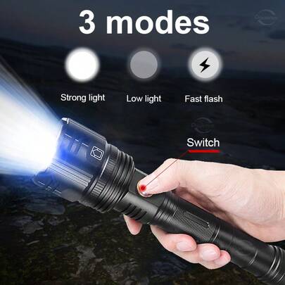 1pc Ultra Bright LED Flashlight, Rechargeable Tactical Flashlight, Aluminum Alloy, 3 Lighting Modes, 2*26650 Battery Powered, Strong Powerful LED Flashlight, Spotlight Long Range Torch, Zoomable Outdoor Portable Flashlight. Safety Lighting, For Outdoor Camping, Fishing, Hiking, Hunting, Emergency, Mountaineering, Exploration, Work