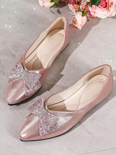 1 Pair Women's Basic Pink Bow Flat Slip-On Shoes, Elegant Party & Commute Style, Silver/Black, Fashion Versatile Ballet Shoes, Suitable For All Seasons