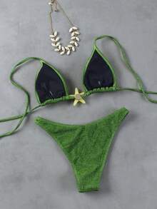 SwimNova Polovedo 2026 Summer New Green Bikini Women's Shiny Starfish Decor Spaghetti Strap Two Pieces Swimsuit Beach Vacation Party - Multicolor - View 3