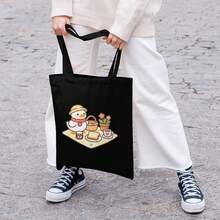 Cartoon Penguin Picnic Canvas Tote Bag, Women Canvas Tote Handbags Casual Shoulder Work Bag Crossbody - 黑色 - 查看 1