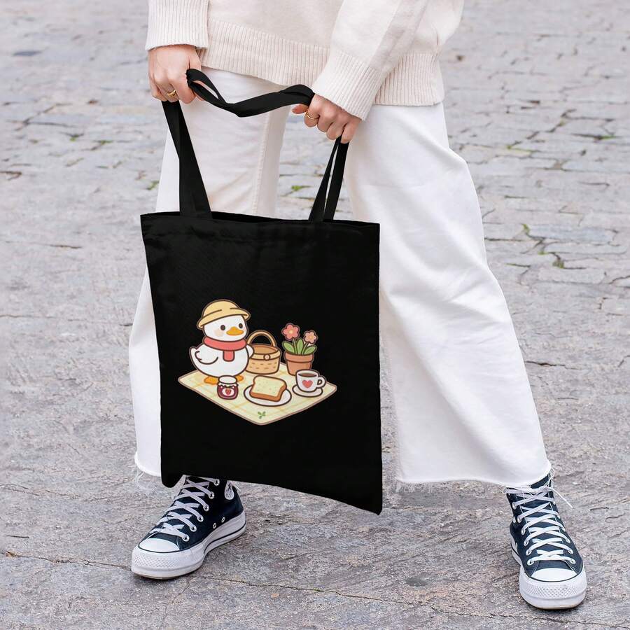 Cartoon Penguin Picnic Canvas Tote Bag, Women Canvas Tote Handbags Casual Shoulder Work Bag Crossbody - 黑色 - 查看 1
