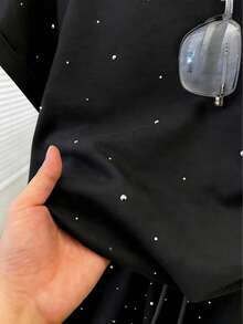 Conjunto de camiseta de manga corta y pantalones cortos de mujer HESSEN de alta calidad, versátil, casual, holgado, de unicolor con decoración de rhinestones, cuello redondo, para verano - Negro - Ver 4