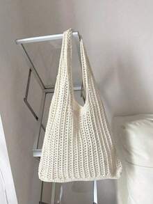 Large Capacity Knitted Shoulder Tote Bag, Essential For Beach Vacation, Eye-Catching Summer Beach Bag, Popular Ladies' Beach Bag, Beach Essential, Beach Supplies And Summer Must-Have, Latest Vacation Bag - Beige - View 1