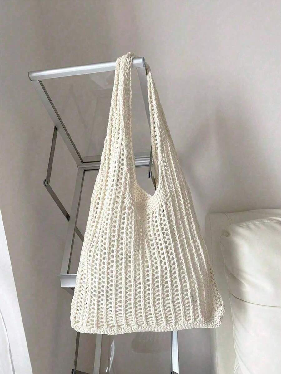 Large Capacity Knitted Shoulder Tote Bag, Essential For Beach Vacation, Eye-Catching Summer Beach Bag, Popular Ladies' Beach Bag, Beach Essential, Beach Supplies And Summer Must-Have, Latest Vacation Bag - Beige - View 1