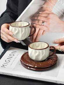 1 Set Asymmetrical Textured Ceramic Coffee Cup & Saucer, Latte Art Cup, Elegant Home/Office Latte, Tea Cup, Valentine's Day, Mother's Day, Thanksgiving Gift, Fashionable Gift For Coffee Lovers - Multicolor - View 7