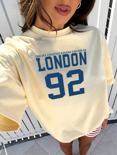 Camiseta casual de manga corta con cuello redondo y estampado de atletismo de Chelsea de Londres 92 en color amarillo vintage para mujer