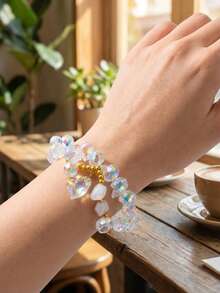 1pc Summer Woven Shiny Bracelet, Sea Blue Iridescent Heart Charm Elastic Bracelet, Teens & Girls Jewelry - Style 1 - View 3