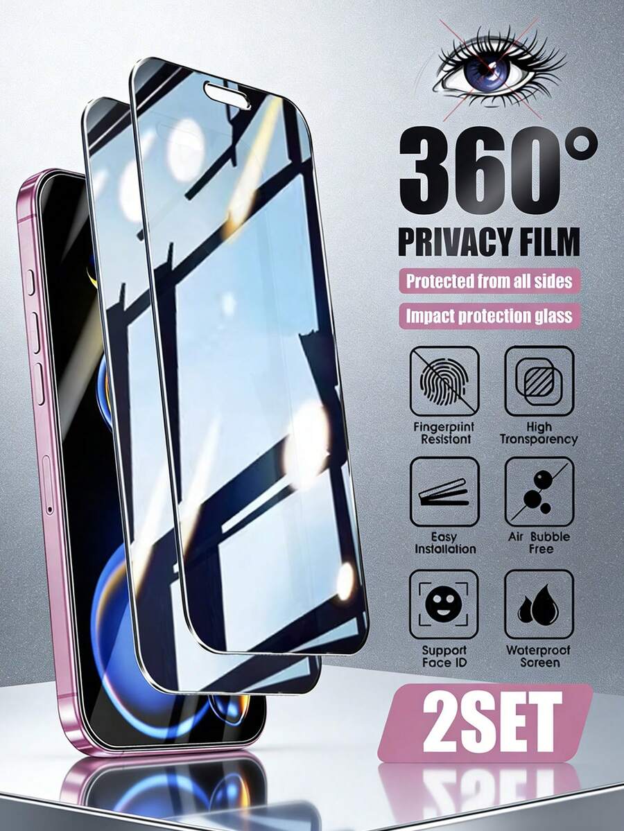 2片装360°隐私钢化玻璃屏幕保护膜，全覆盖，防刮花，防指纹，触控灵敏，兼容 11/12/13/14/15/16/17/17 Pro Max - 黑色 - 查看 1