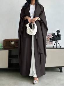 优雅女士长袖落肩卡夫坦长袍，采用无弹力梭织面料制成，不含围巾 - 咖啡棕 - 查看 3