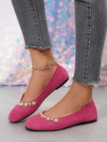 Zapatos de unicolor elegantes, para uso en la oficina, decorados con rhinestones y perlas, adecuados para todas las estaciones - Rosa Fucsia - Ver 3