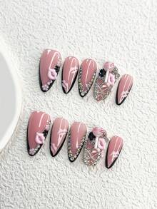 10Pcs Passionate And Free-Spirited Polygel Nail Set,Acrylic Press-On Nails,Pink 3D Lips, Lollipop, Camellia Nail Art Accessories,Silver Butterfly, Openwork Heart,Black Camellia,Pink Lip Print Nail Art Decoration, Black French Manicure With Decorative Edges,Transparent Round Diamonds,Comes With Nail Tools(1 Sheets Jelly Stickers+1PC Nail File)3 Sizes Available,Almond Nails, Duck Nails,Coffin Nails,Suitable For Daily, Reunion,Party,Photograph,Play,Spring Summer,Commute Supplies Nails,Great Gift For Ladies And Girls Press On Nails - 彩色 - 查看 3