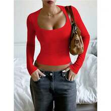 Vaiaye Women's Spring-Summer Sexy Fitted Long Sleeve Knit Top, Solid Color Square Neck T-Shirt, Casual & Versatile,Minimalist Casual Daily Wear - 紅色 - 查看 7