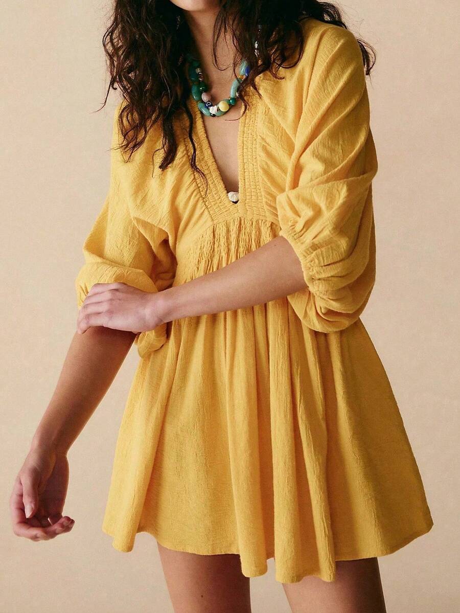 Đầm ngắn dáng ôm, thanh lịch, gợi cảm, cổ chữ V sâu, tay phồng, thích hợp cho kỳ nghỉ xuân/hè, phong cách boho, nhiệt đới và nắng ấm. - Màu vàng - Xem 1