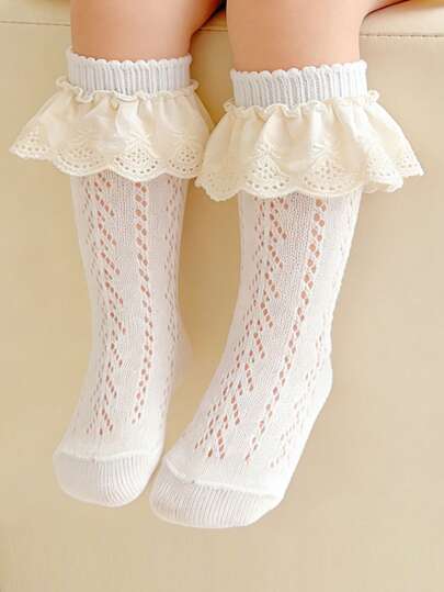 1 Pair Girls' Hollow Breathable Solid Color Mid-Calf Socks, Lace Trim Decor, Sweet & Cute, Suitable For Girls' Daily Wear