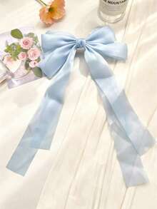1pc Blue Mesh Super Large Double-Layer Shiny Ribbon Bow Hairpin With Spring Clip, Elegant And Gentle Spring Hair Accessory - Light Blue - View 3