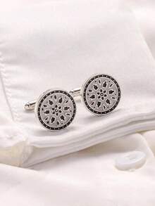 2pcs Round Flame Lacquered Cufflinks, Versatile Business Shirt Sleeve Studs For Men - Silver - View 5